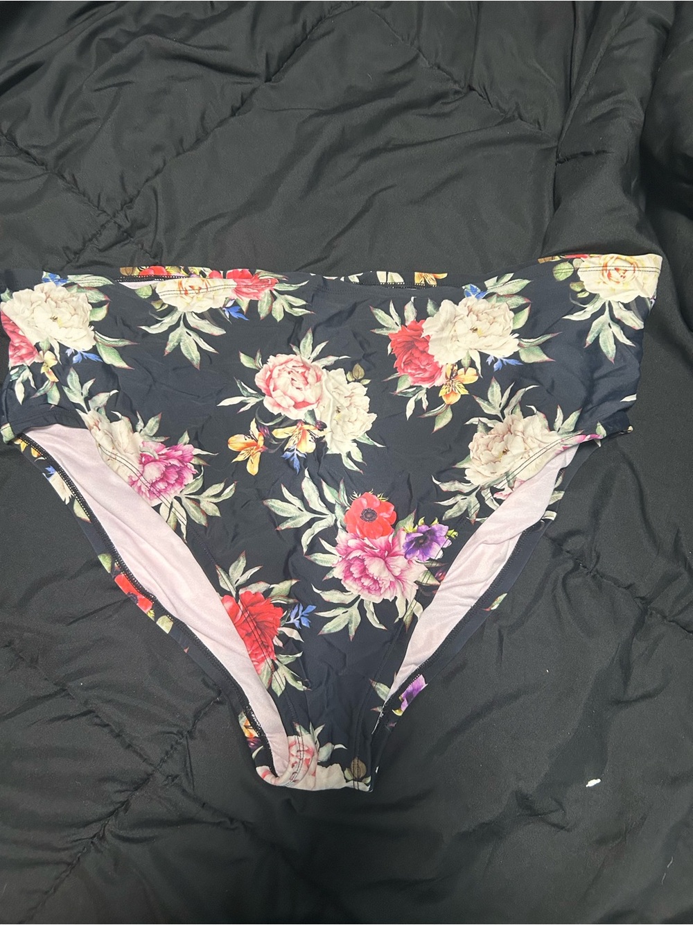 Floral High-Waist Bikini Bottom - Black Floral